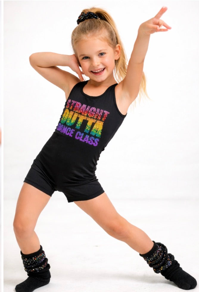 Girls “Straight Outta Dance Class” Rainbow Rhinestone Playsuit