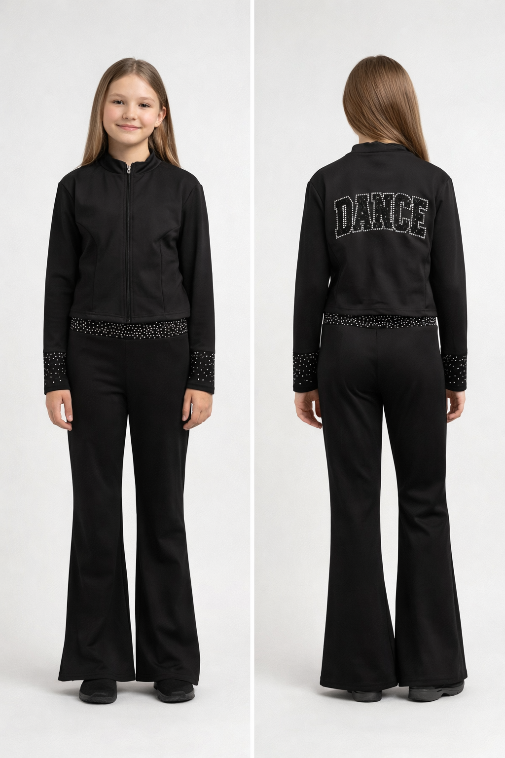 Girls Black Rhinestone Dance Tracksuit Set