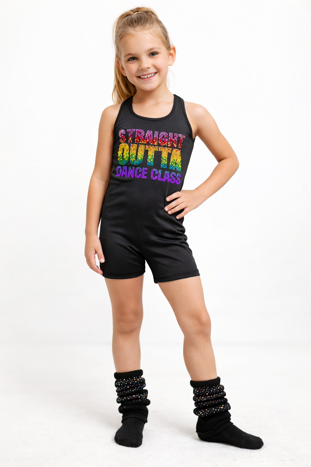 Girls “Straight Outta Dance Class” Rainbow Rhinestone Playsuit