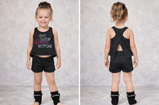 Girls “Eat Sleep Dance Repeat” Rhinestone Top & Shorts Set