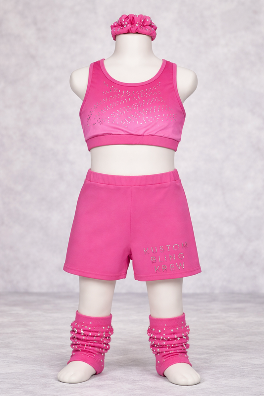Girls Hot Pink Rhinestone Dance Set – Crop Top & Shorts