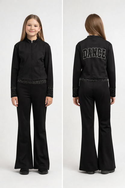 Girls Black Rhinestone Dance Tracksuit Set