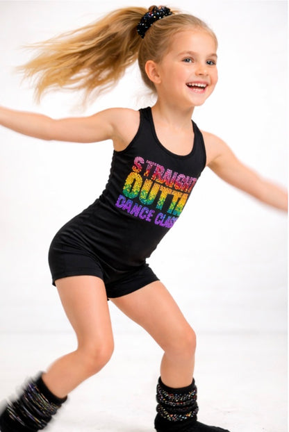 Girls “Straight Outta Dance Class” Rainbow Rhinestone Playsuit