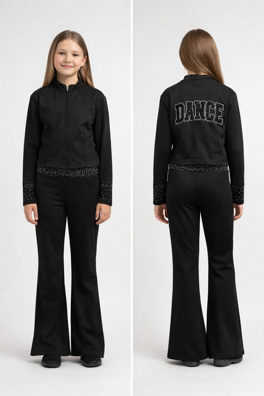 Girls Black Rhinestone Dance Tracksuit Set